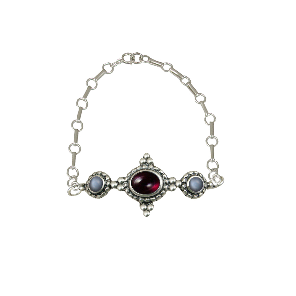 Sterling Silver Gemstone Adjustable Chain Bracelet With Garnet And Grey Moonstone